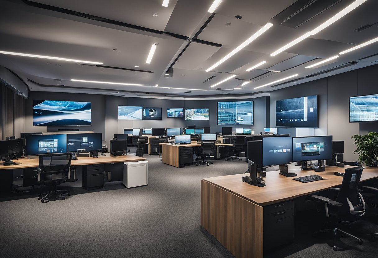 Ruang kantor modern dengan teknologi audiovisual yang terintegrasi dalam desain, termasuk layar besar, proyektor, dan sistem suara.