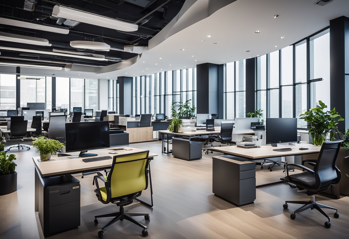 Sebuah ruang kantor modern dengan teknologi audiovisual yang ramping terintegrasi dalam desain, meningkatkan fungsionalitas dan nilai ruang kerja