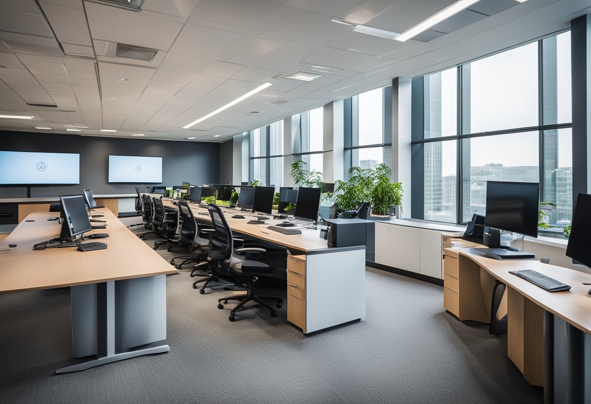 Ruang kantor modern dengan teknologi audio visual terintegrasi, termasuk layar tampilan besar, papan tulis interaktif, dan sistem suara yang ramping