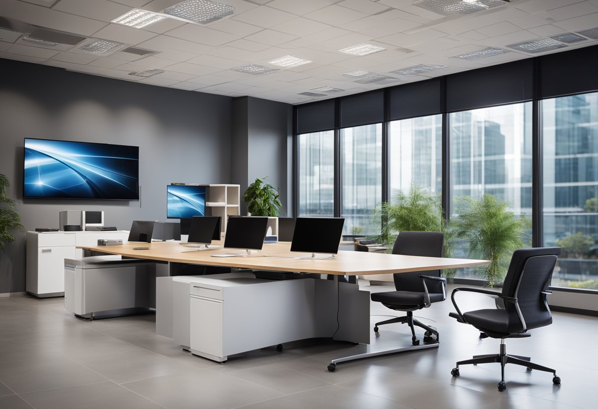 Ruang kantor modern dengan teknologi audiovisual terintegrasi yang meningkatkan fungsionalitas dan nilai lingkungan