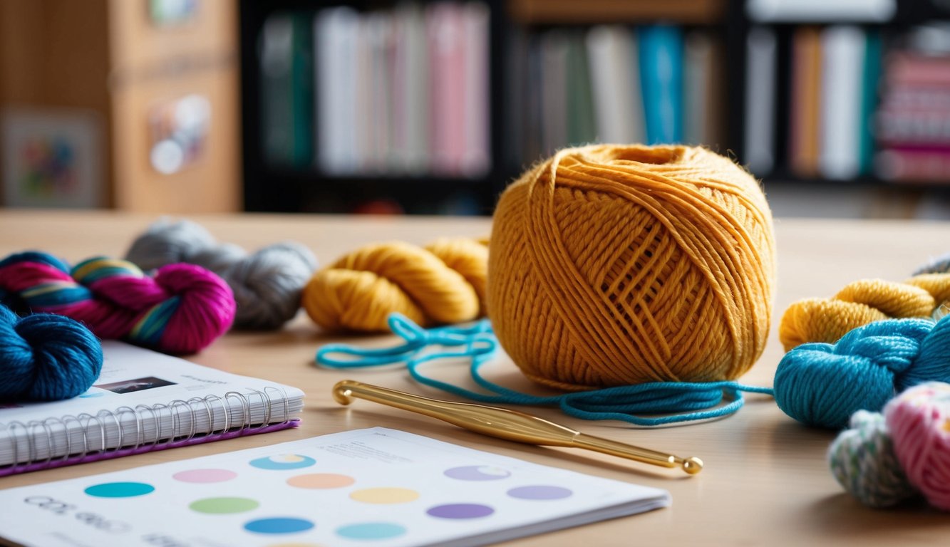 A ball of yarn and a crochet hook on a table, surrounded by colorful skeins and pattern books