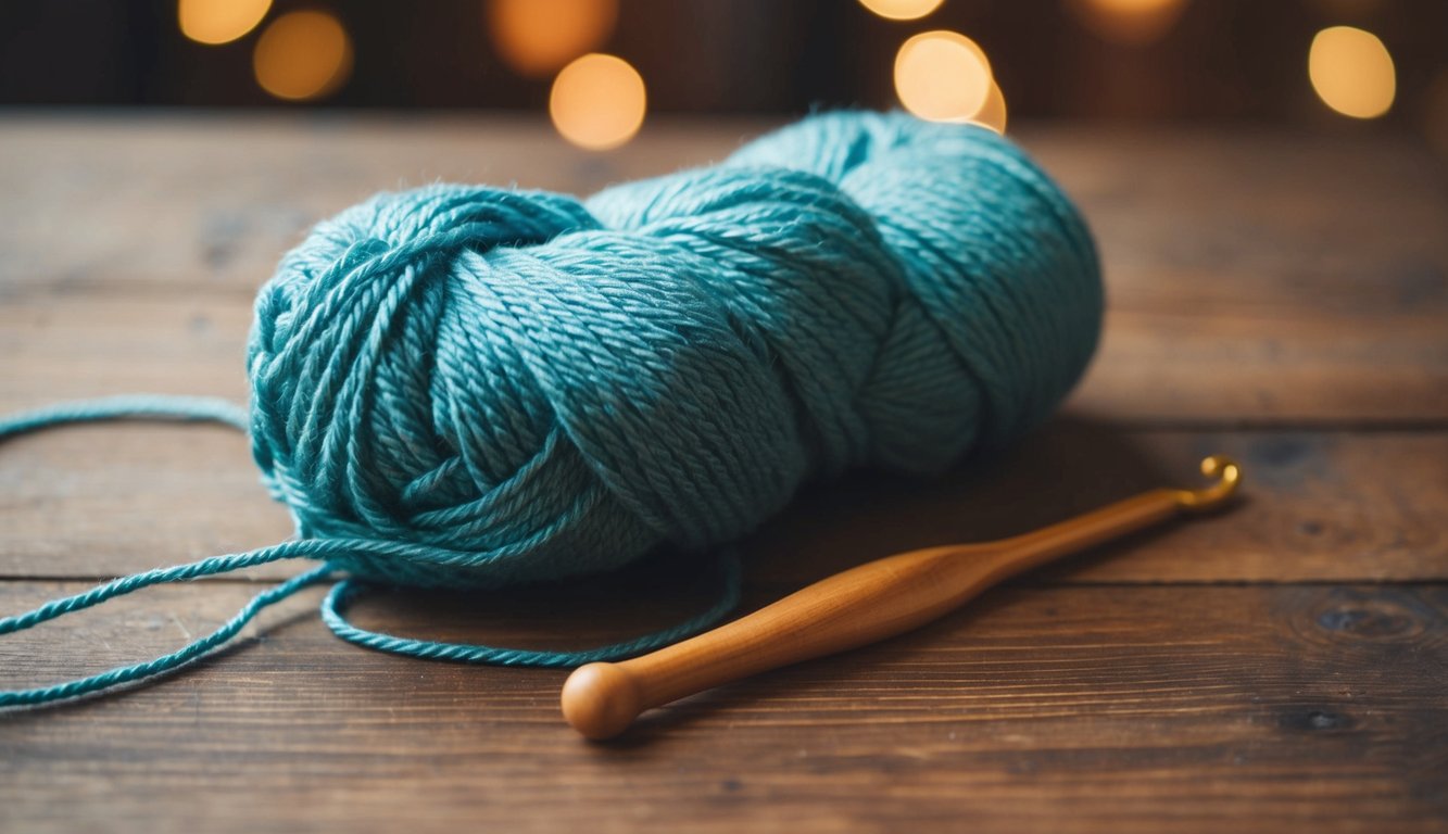 A skein of yarn and a crochet hook on a wooden table
