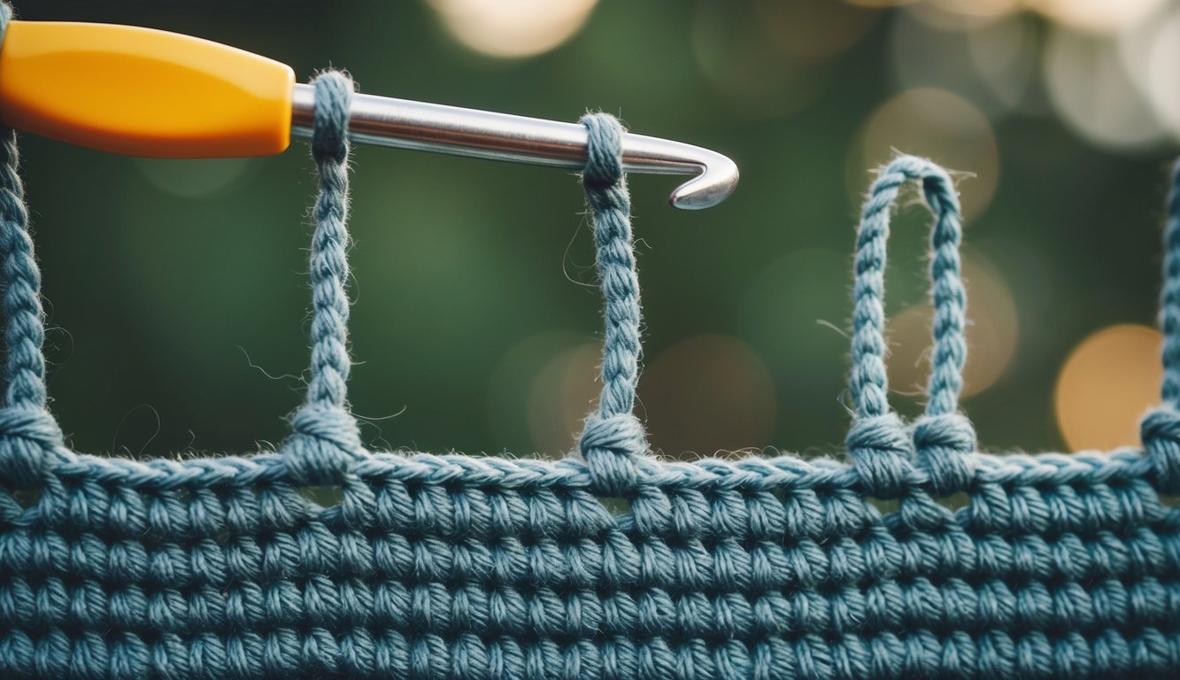 A crochet hook pulls yarn through a row of vertical loops, creating a dense, textured fabric