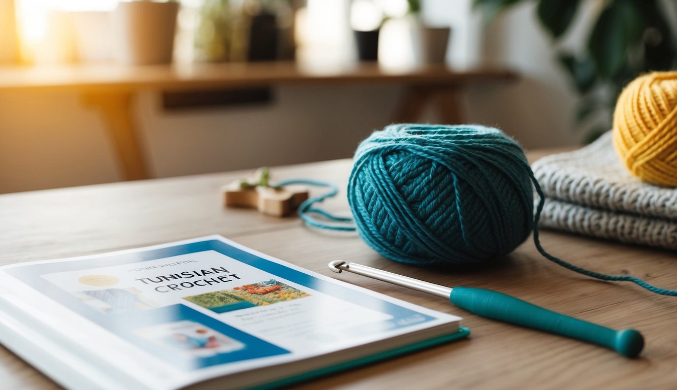 A table with yarn, a Tunisian crochet hook, and a pattern book