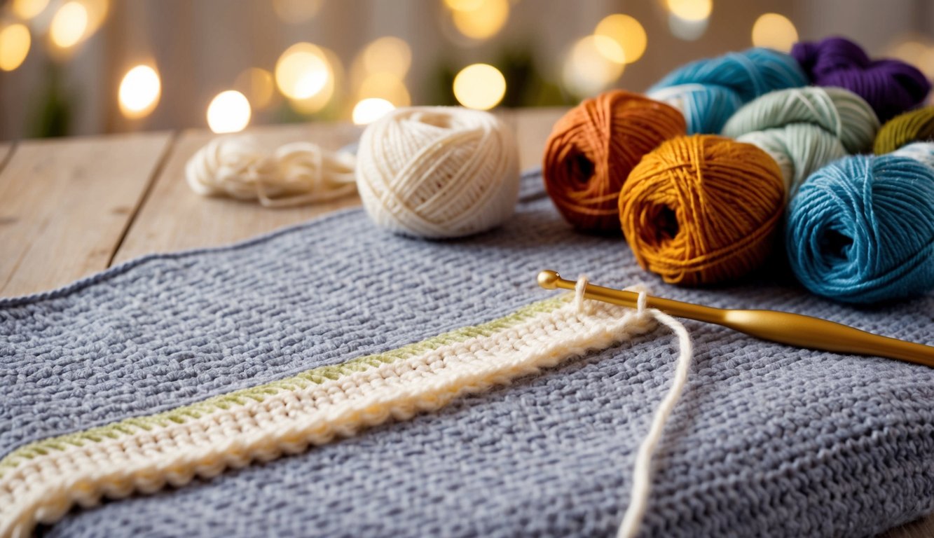 A cozy blanket with a delicate crochet border in progress, surrounded by colorful skeins of yarn and a crochet hook