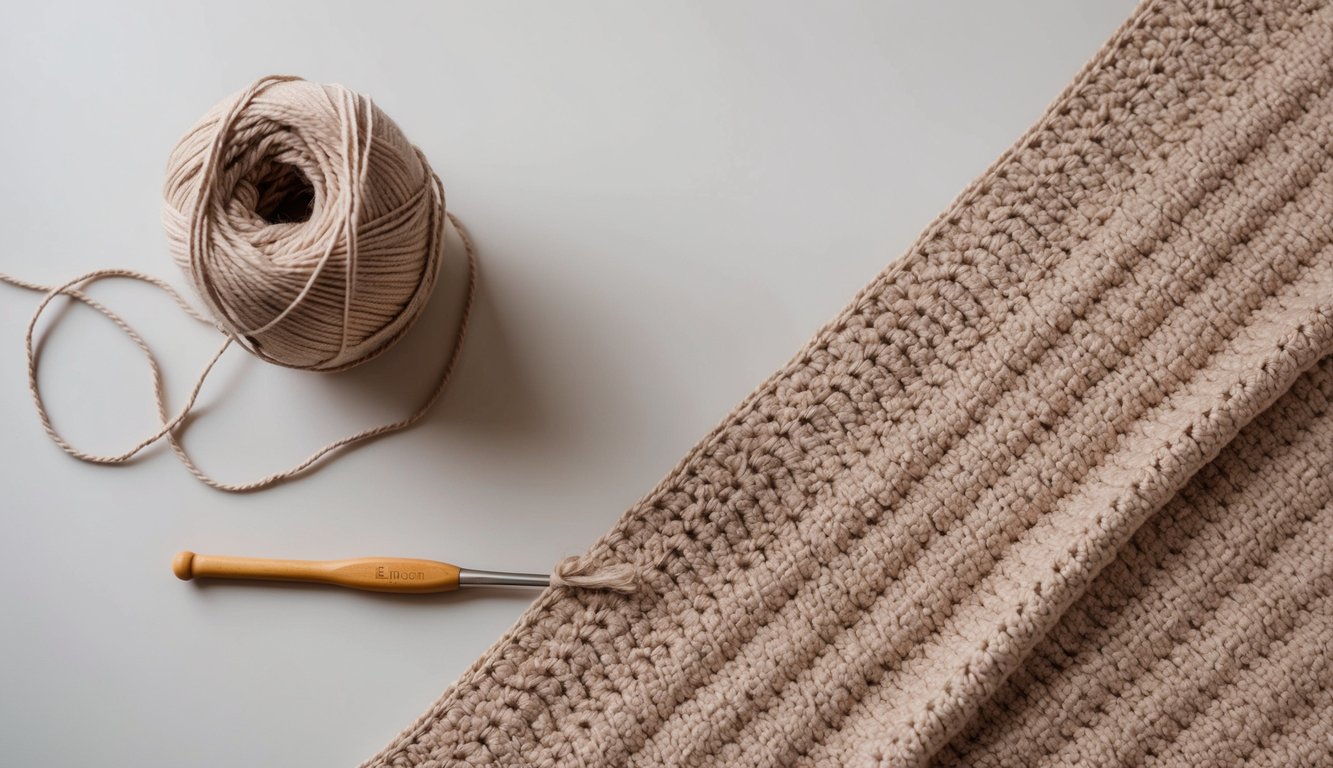 A ball of yarn, crochet hook, and a cozy blanket laid out on a flat surface, ready to begin crocheting the border