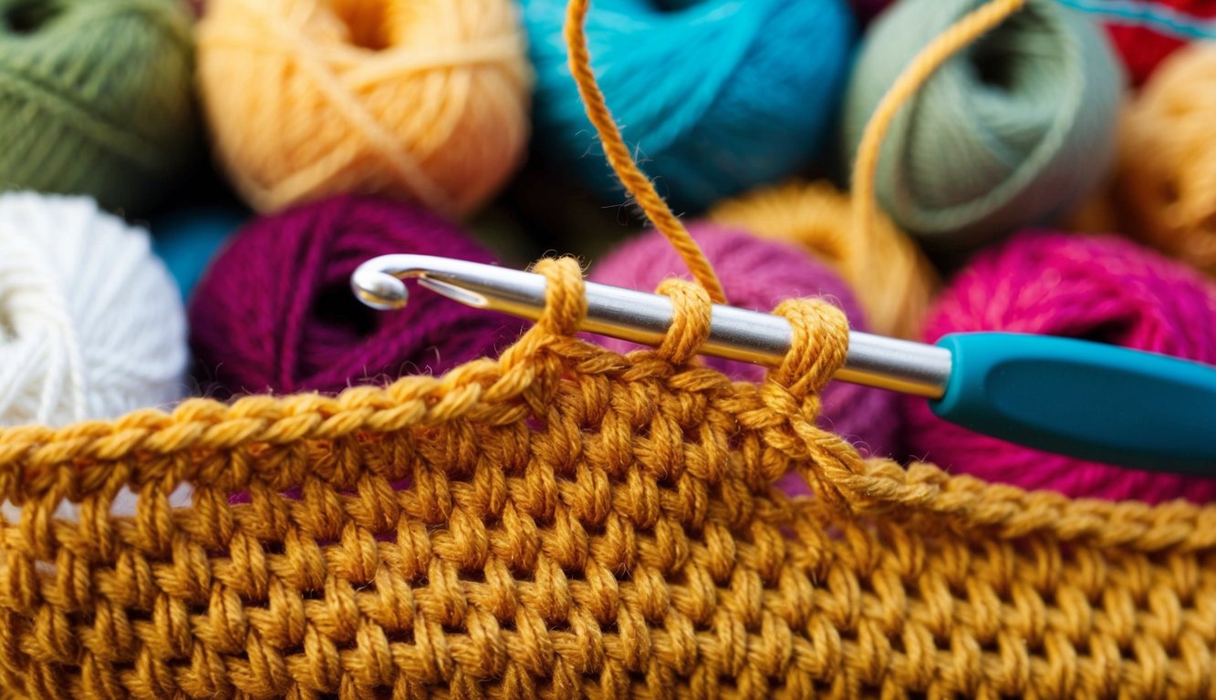 A crochet hook pulling through loops of yarn, counting stitches as they form a pattern