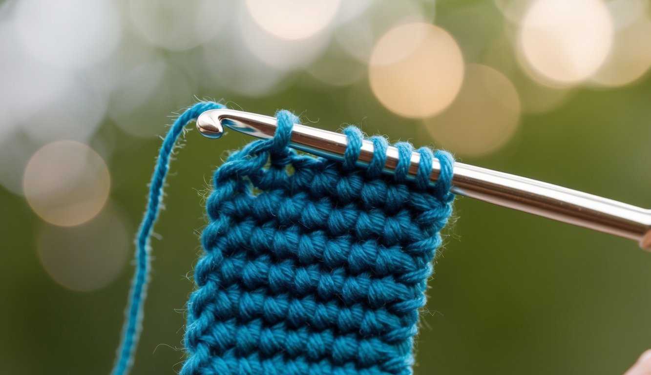 A crochet hook and yarn mid-stitch, with the yarn looped around the hook and the hook turned to begin the next row