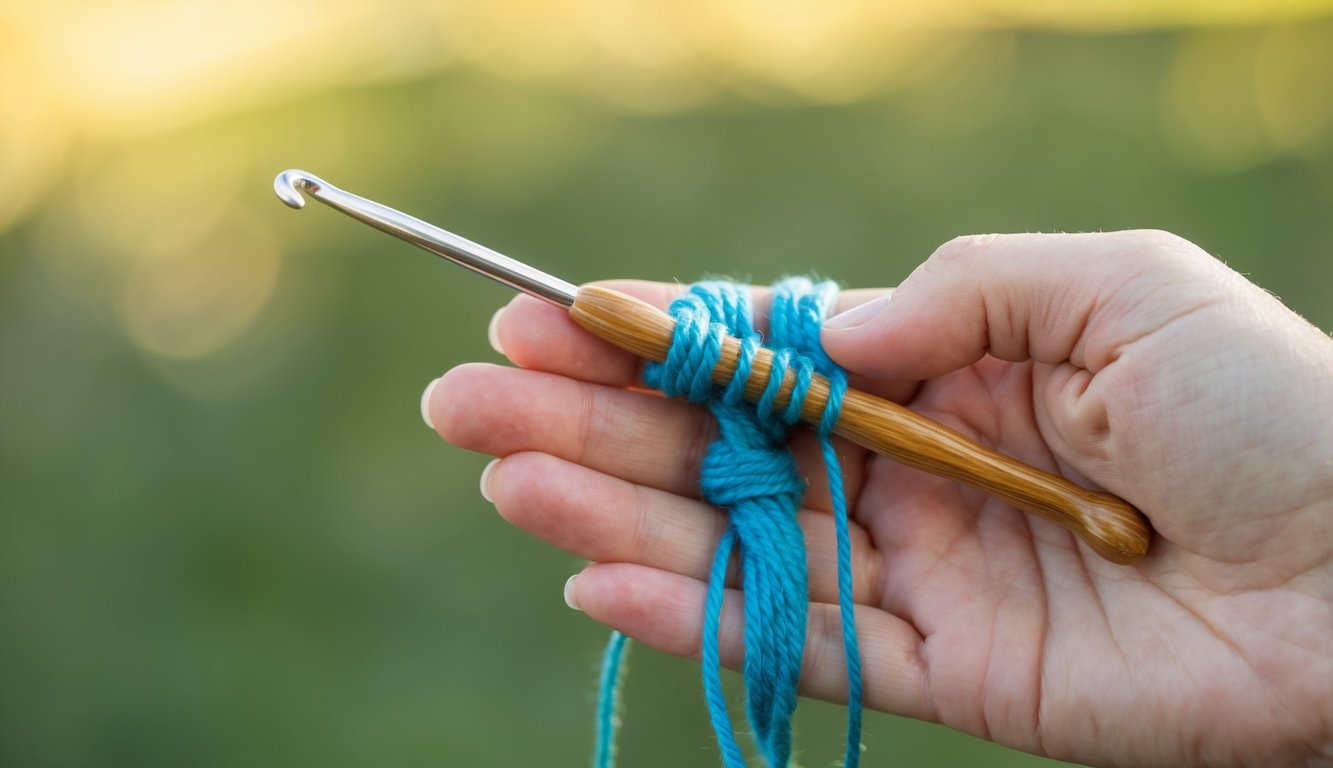A hand holding a crochet hook and yarn, with the yarn wrapped around the fingers in a loose grip