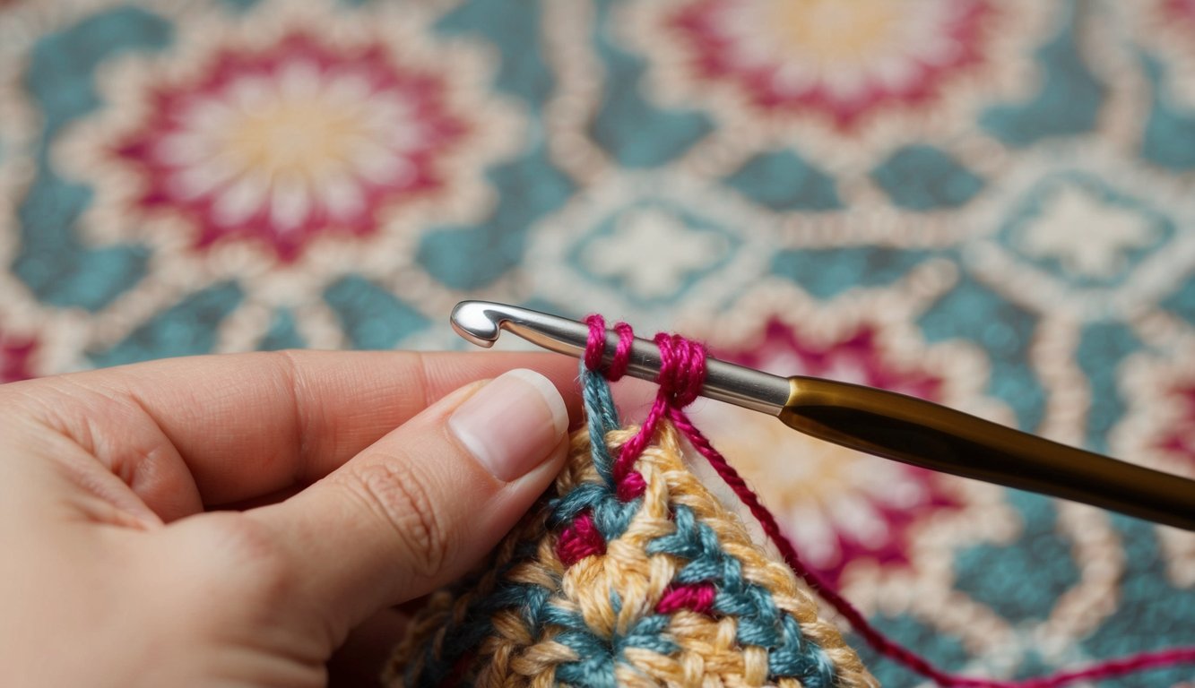 A crochet hook pulling yarn through loops in a patterned fabric