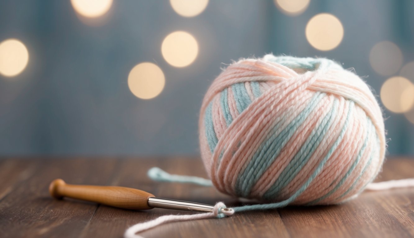 A ball of soft, pastel-colored yarn unraveling from a skein, a crochet hook lying nearby on a wooden table