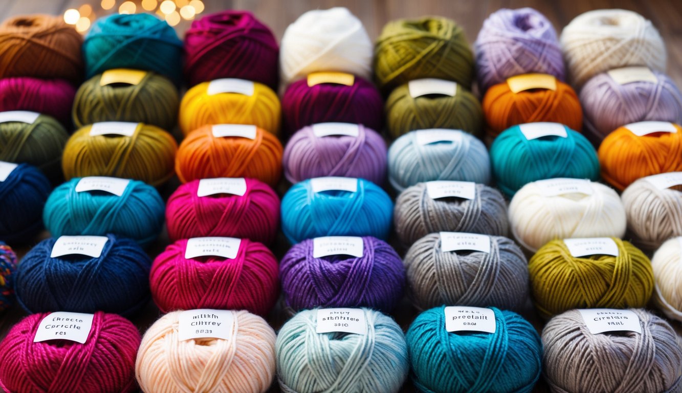 A colorful array of yarn skeins showcasing different fiber types and textures, with labels indicating their characteristics for crochet