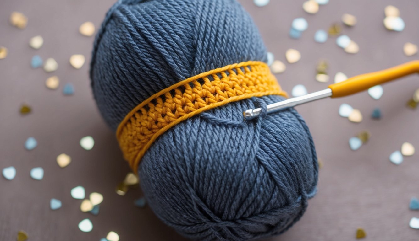 A skein of yarn with a crochet hook creating a BLO stitch pattern