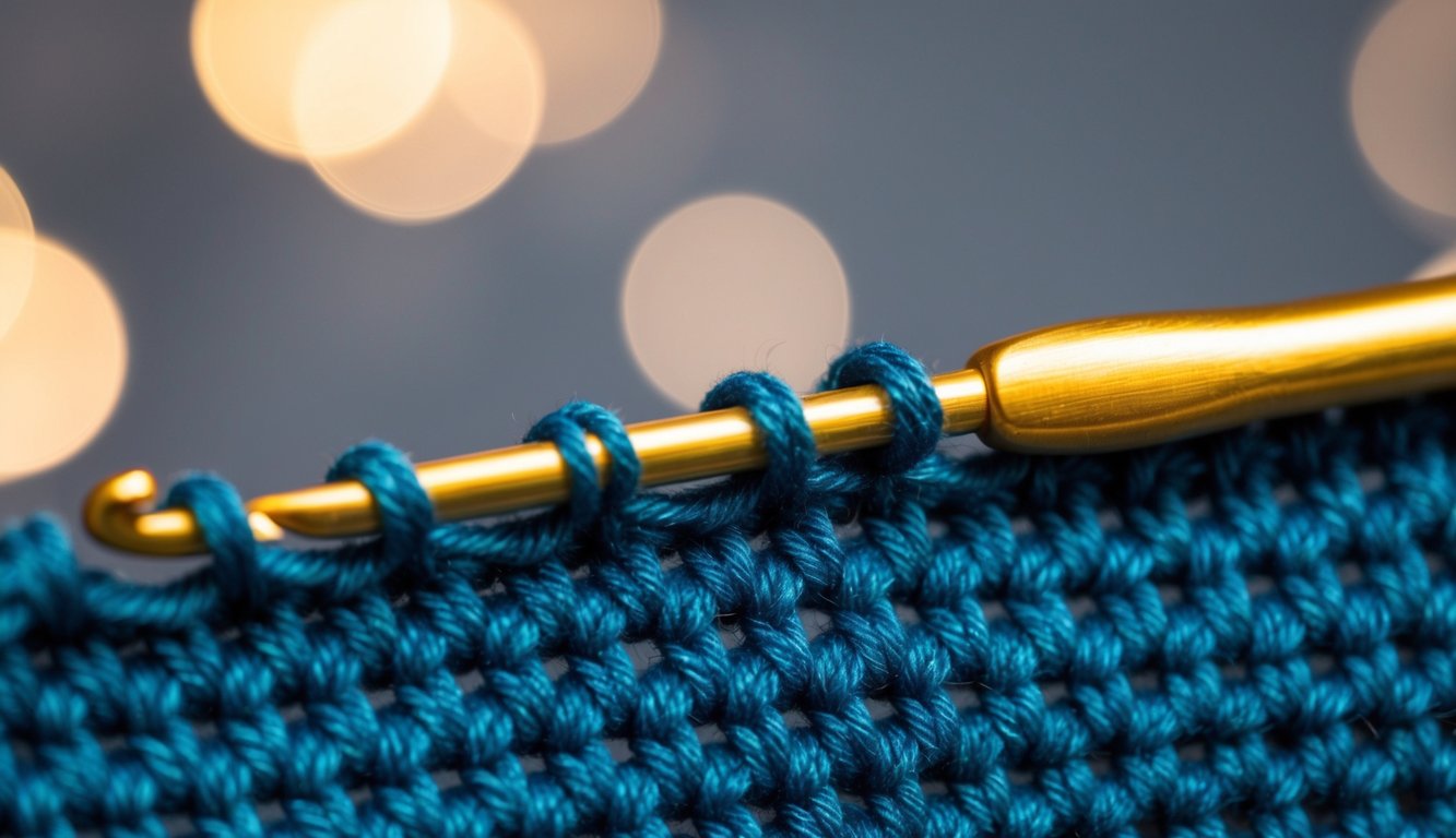 A crochet hook working through the back loops of a row of stitches, creating a textured fabric