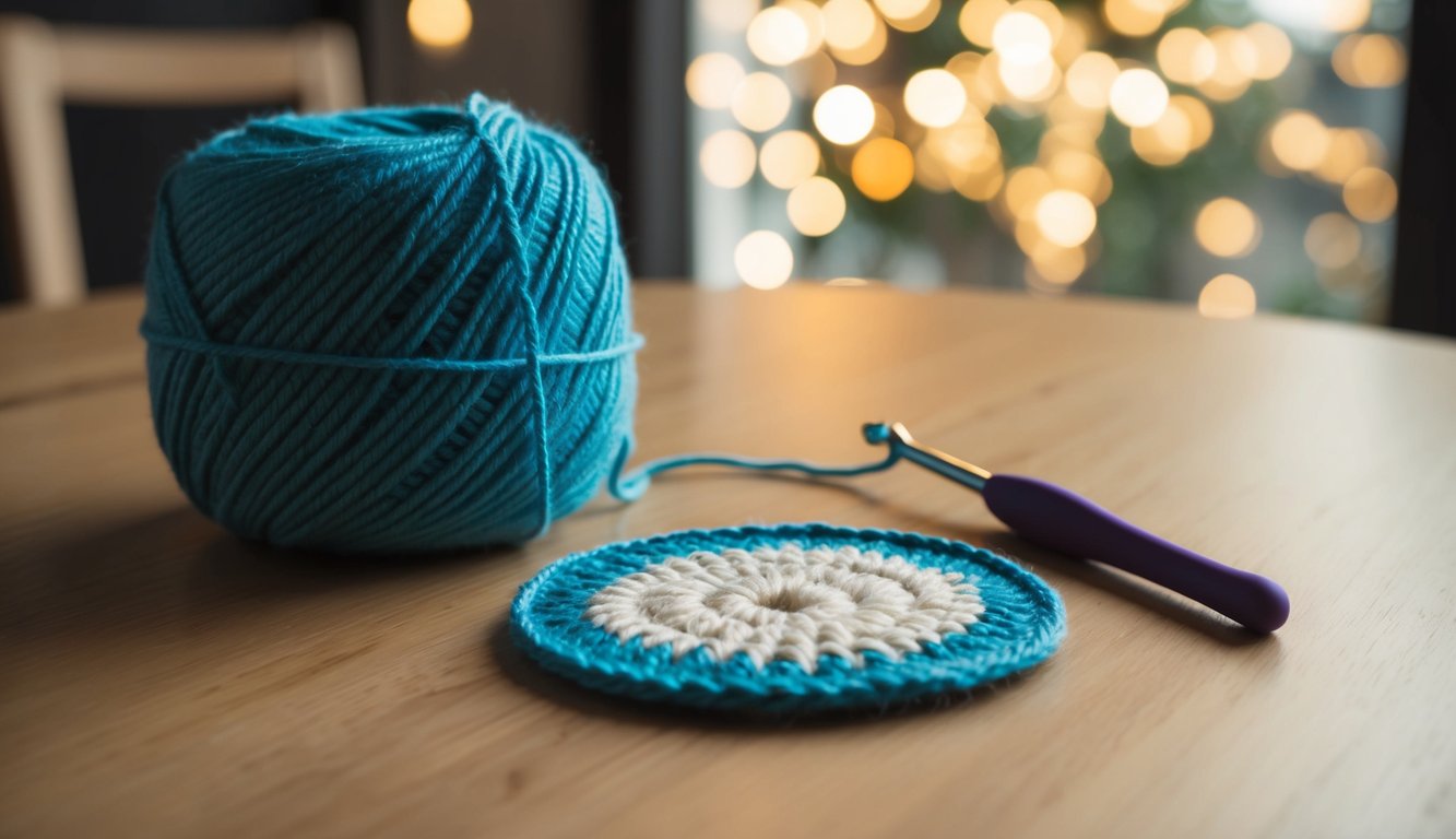 A table with a ball of yarn, a crochet hook, and a partially completed coaster