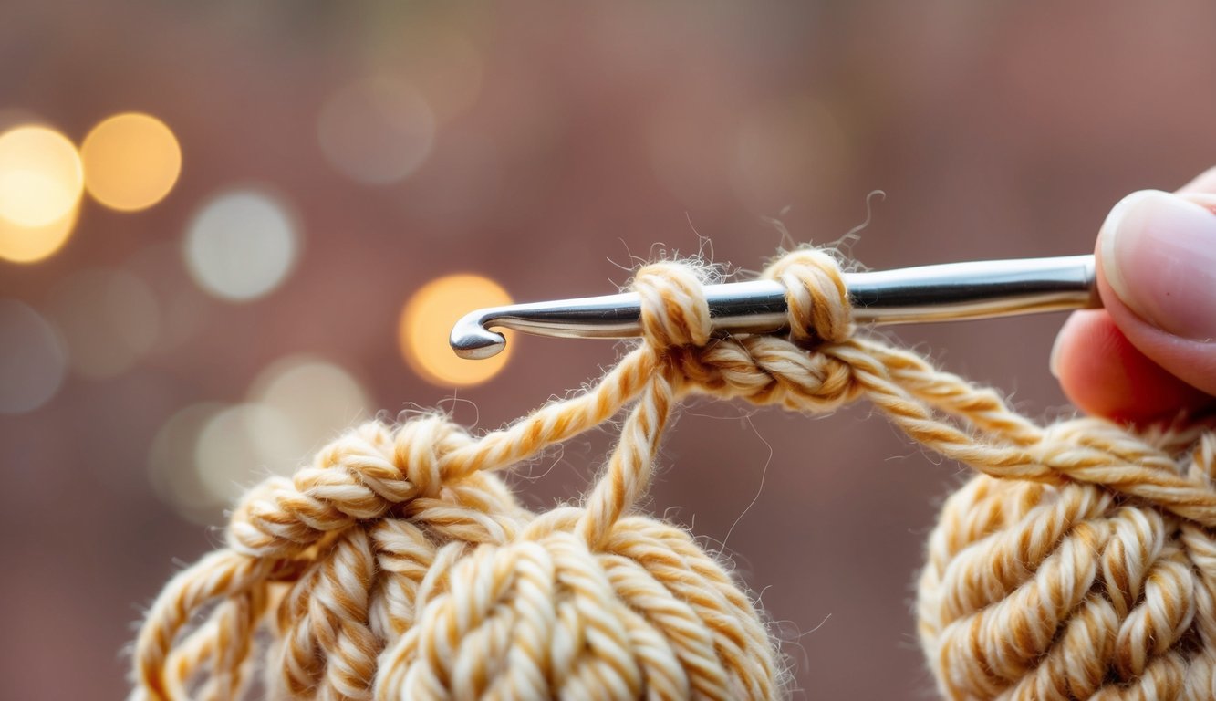A crochet hook pulling yarn through loops to create a puffy texture