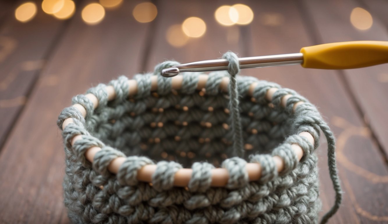 A crochet hook pulls yarn through woven loops, creating a sturdy basket