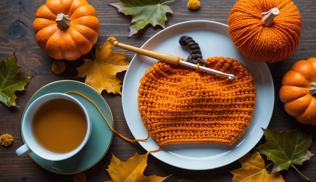A crochet hook and orange yarn creating a pumpkin shape, surrounded by fall leaves and a cup of tea