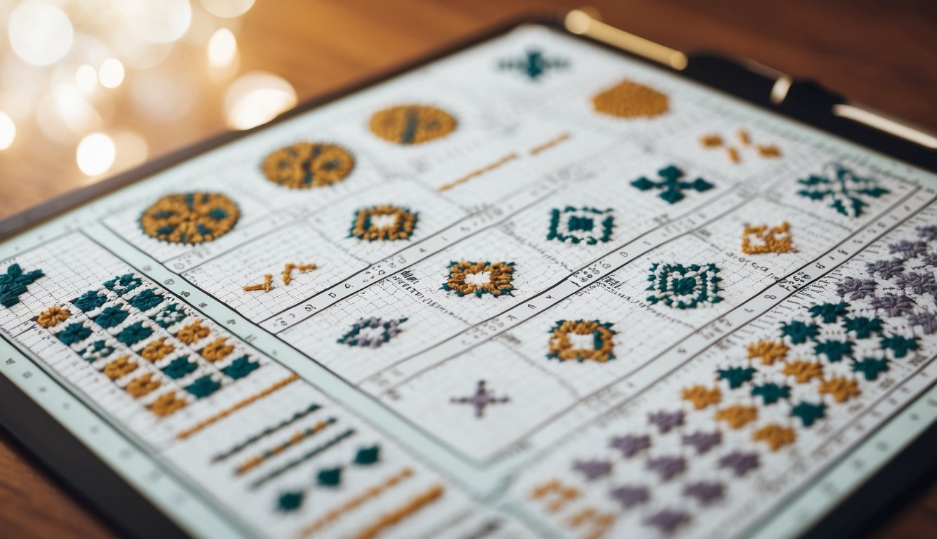 A crochet chart with various symbols and lines representing different stitches and techniques