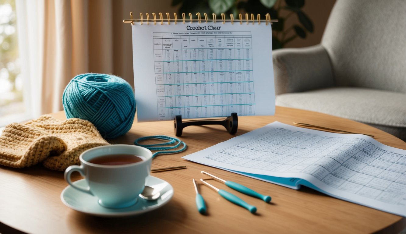 A table with yarn, crochet hooks, and a crochet chart open on a stand, surrounded by a cozy chair and a cup of tea
