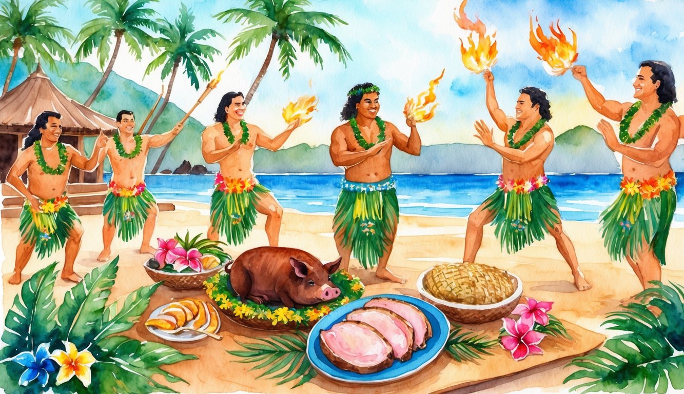 A traditional Hawaiian luau on Maui with hula dancers, fire performers, and a feast of kalua pig and poi