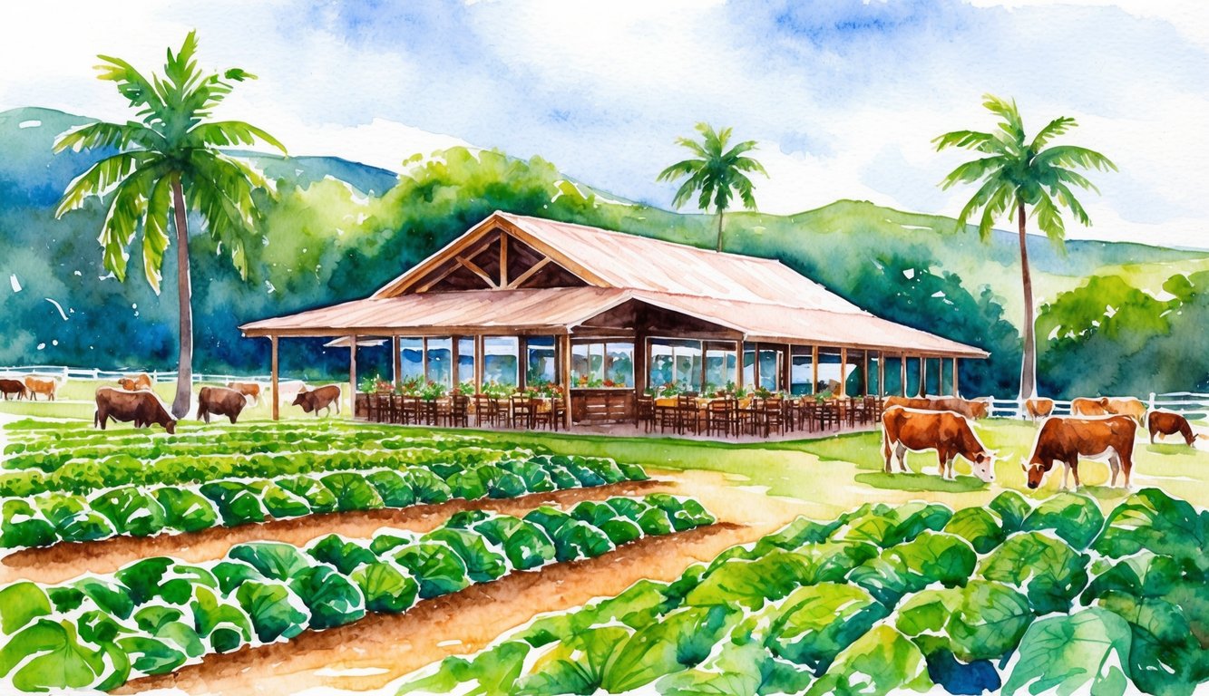 A lush Maui landscape with a cozy, open-air restaurant surrounded by fields of fresh produce and grazing livestock