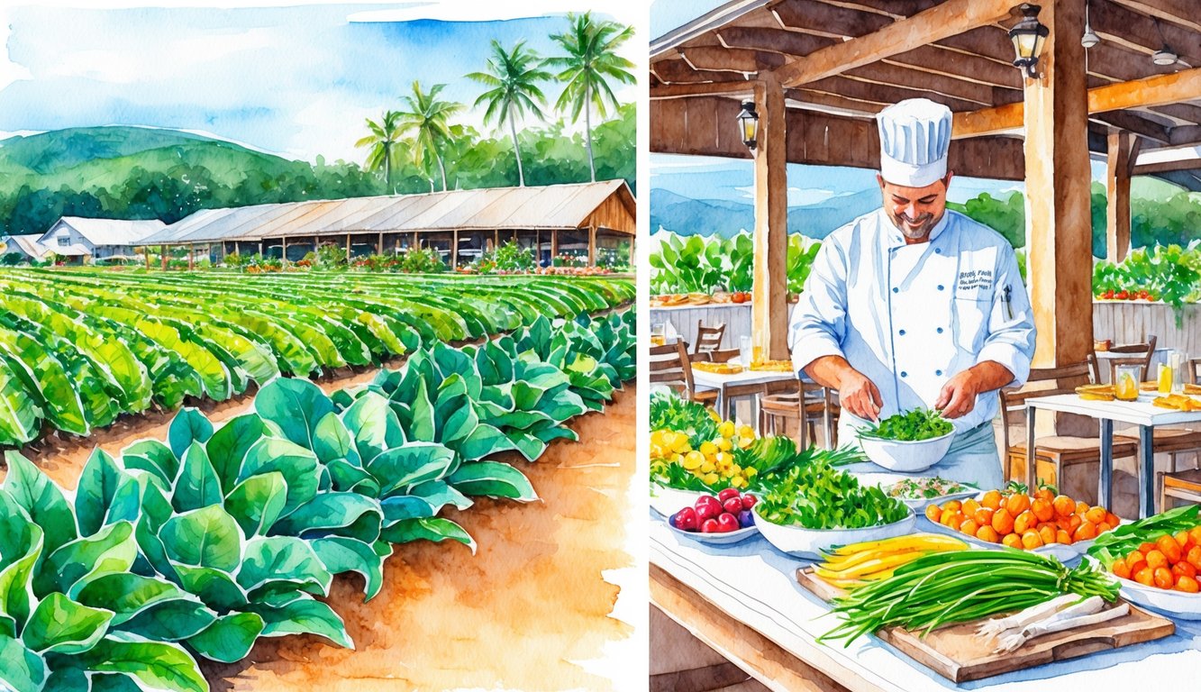 A lush Maui farm with rows of fresh produce, a rustic restaurant with outdoor seating, and a chef selecting ingredients for a farm-to-table meal