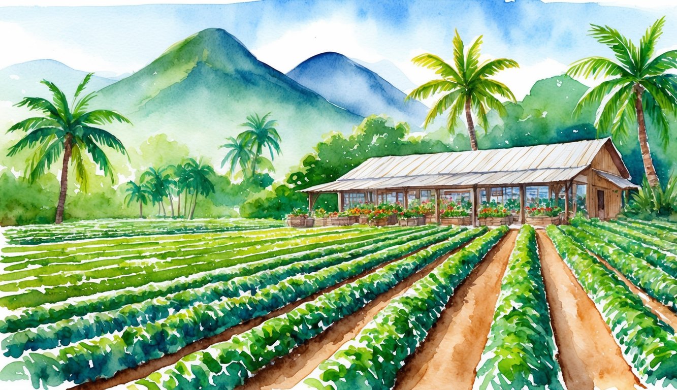 Lush farm with rows of crops, surrounded by tropical trees and mountains, with a rustic restaurant serving fresh, locally-sourced dishes