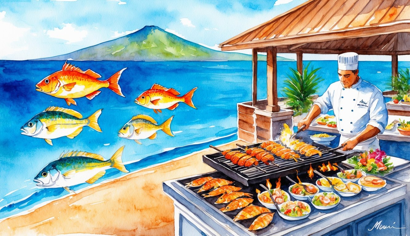 A bustling seaside restaurant on Maui, with colorful fish swimming in a clear blue ocean and a chef grilling fresh seafood on an open flame