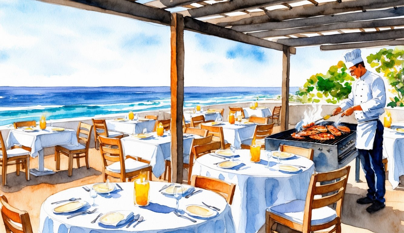 A seaside restaurant with outdoor seating, overlooking the ocean. Tables set with white tablecloths and flickering candles. A chef grilling fresh seafood on an open flame