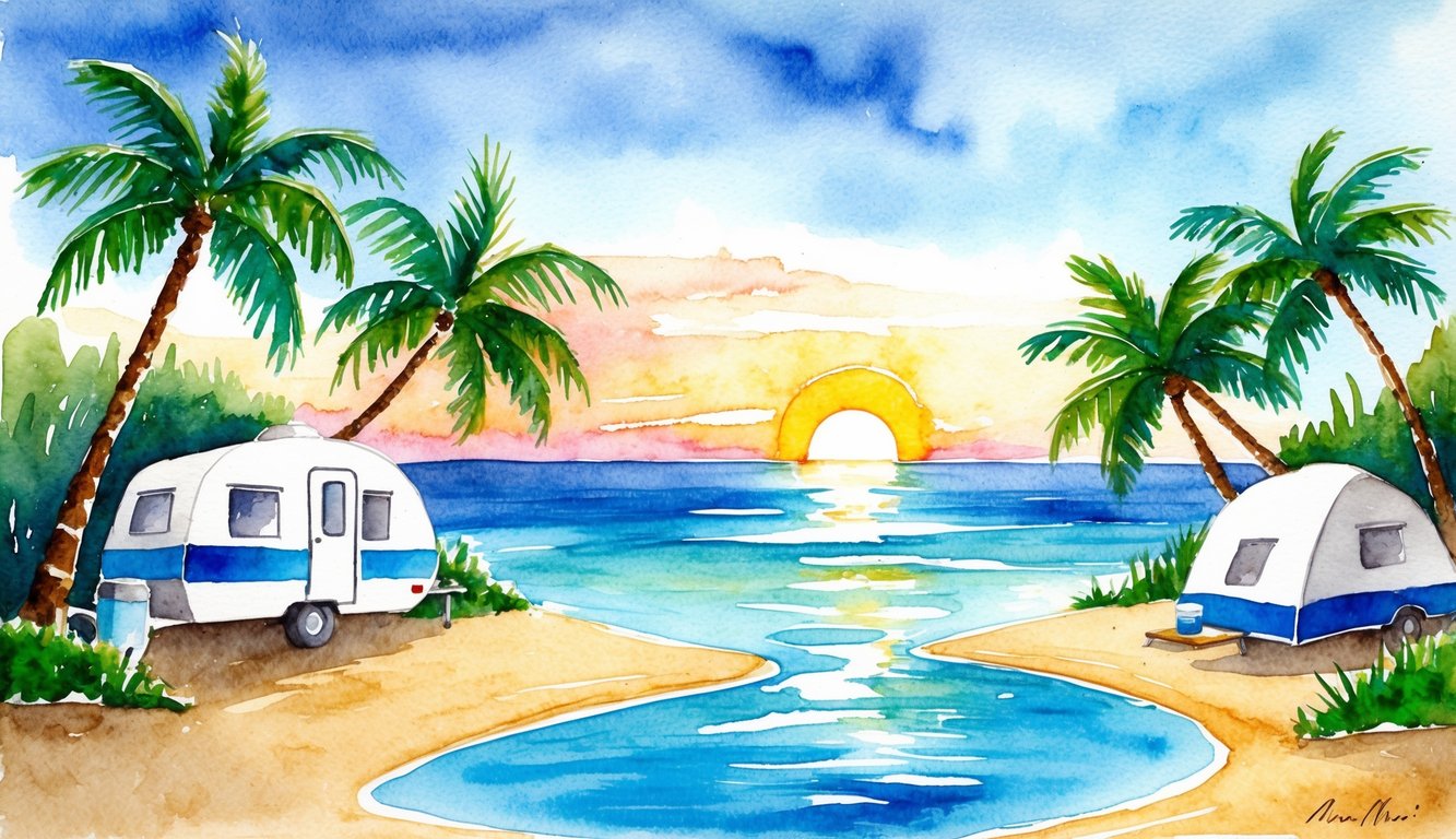 A serene beach campsite with palm trees, clear blue water, and a view of the sunset over the ocean on the island of Maui