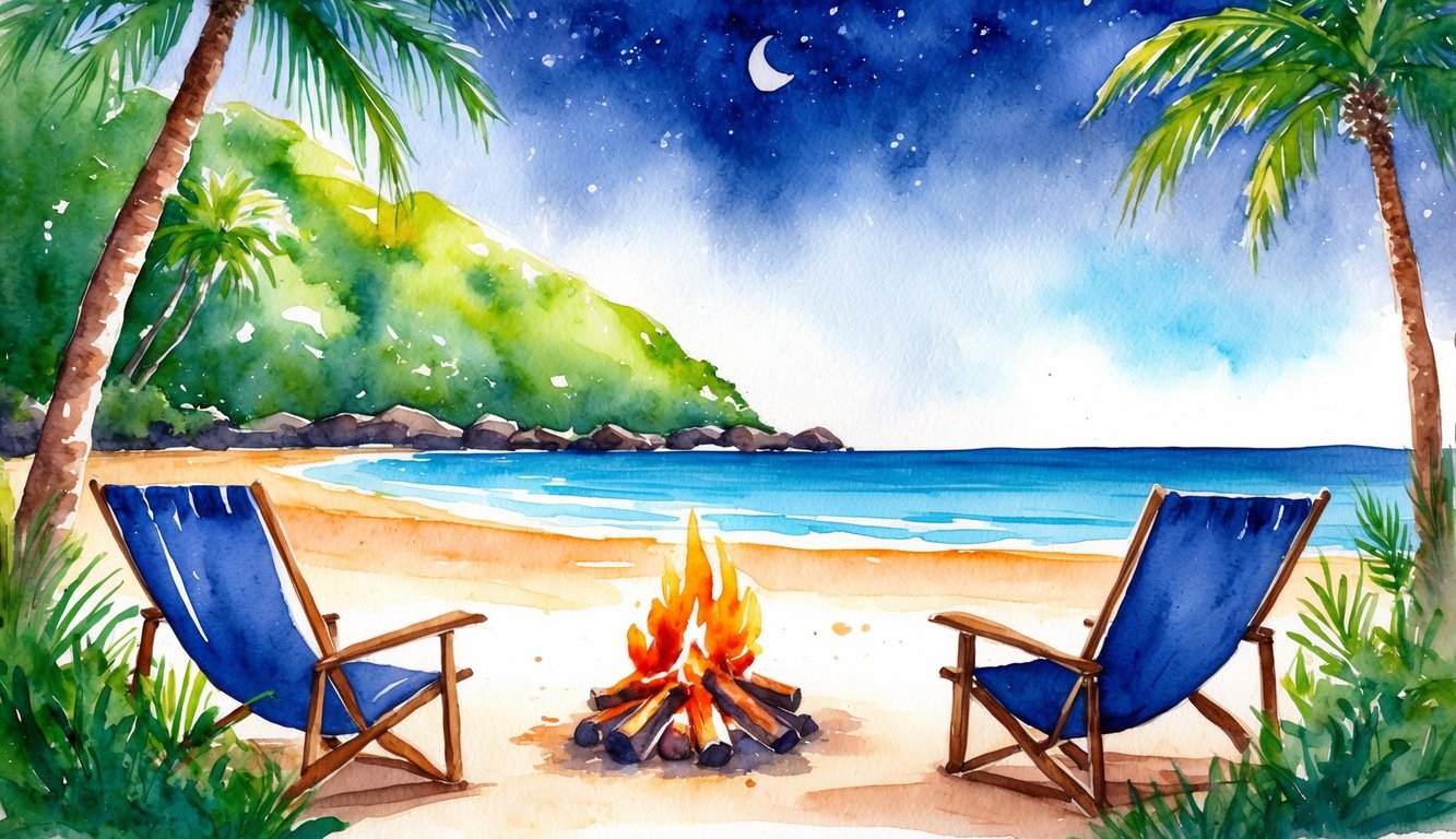 A serene beach with a campfire, surrounded by lush greenery and a clear night sky on Maui