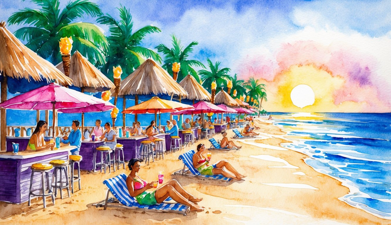 Colorful beach bars line the sandy shore, with tiki torches and palm-thatched roofs. People relax under umbrellas, sipping tropical drinks. The sun sets over the ocean, casting a warm glow