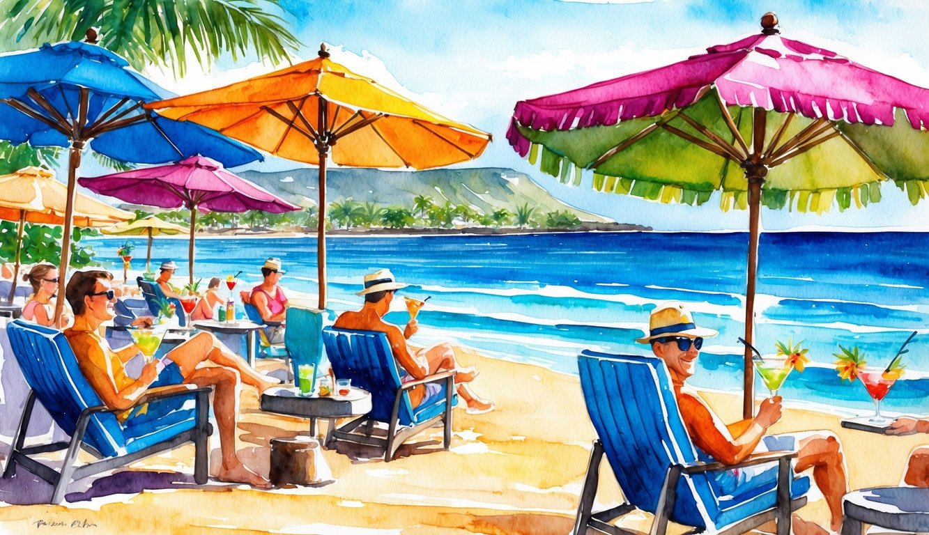 A vibrant beach bar on Maui with colorful umbrellas, tropical cocktails, and relaxed patrons enjoying the ocean view