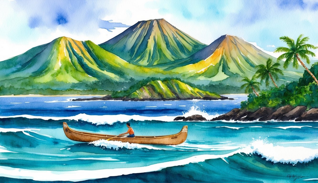 Lush green mountains surround a volcanic island chain, with palm trees and ocean waves in the foreground. A traditional Hawaiian canoe glides through the crystal-clear water