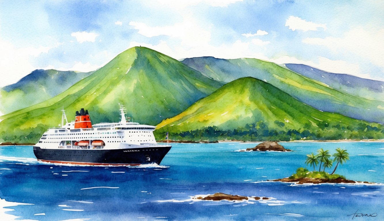 A European ship approaches the Hawaiian Islands, with lush green mountains and palm trees in the background