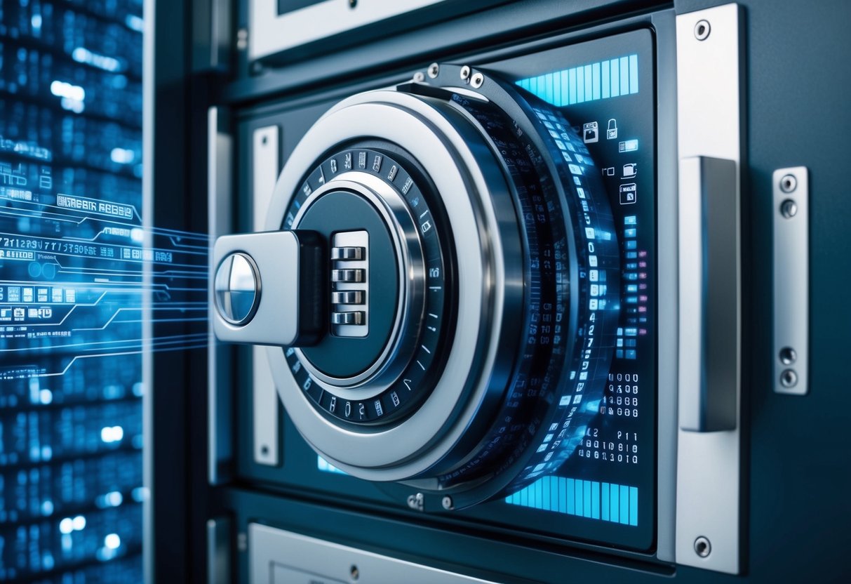 A secure vault with a combination lock and biometric scanner, surrounded by layers of encryption and security protocols