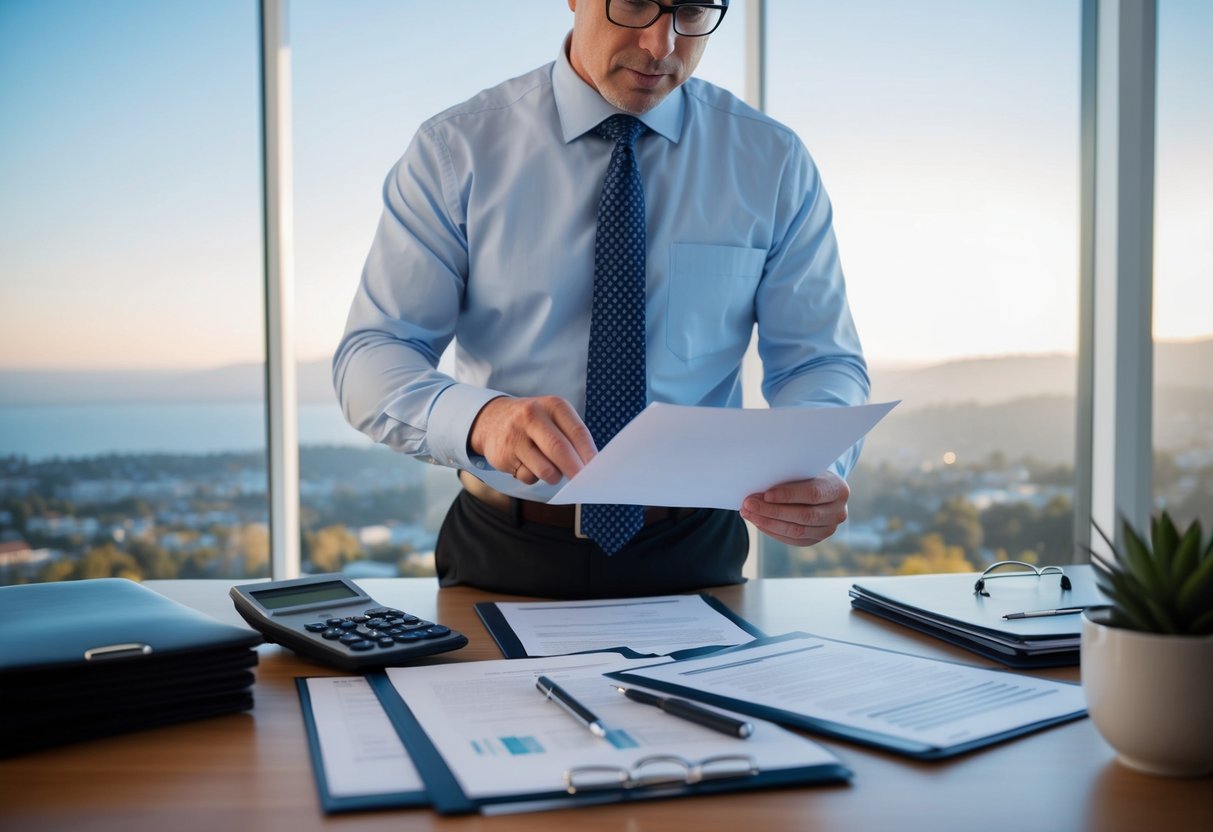 A commercial real estate appraiser carefully examines a property, surrounded by confidential client documents and a California landscape in the background