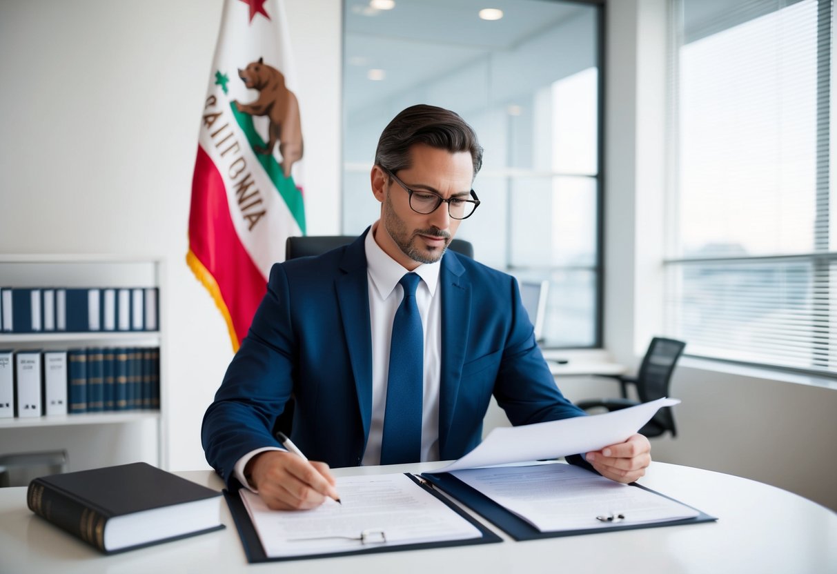 A lawyer reviewing documents in a modern office, with a California state flag and legal books in the background