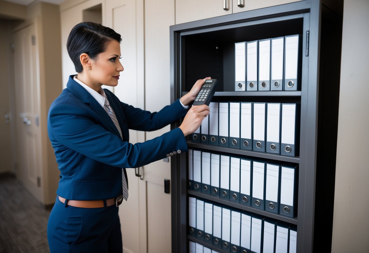 A commercial real estate appraiser in California carefully securing confidential client files in a locked cabinet, ensuring compliance with appraisal regulations and protecting client privacy