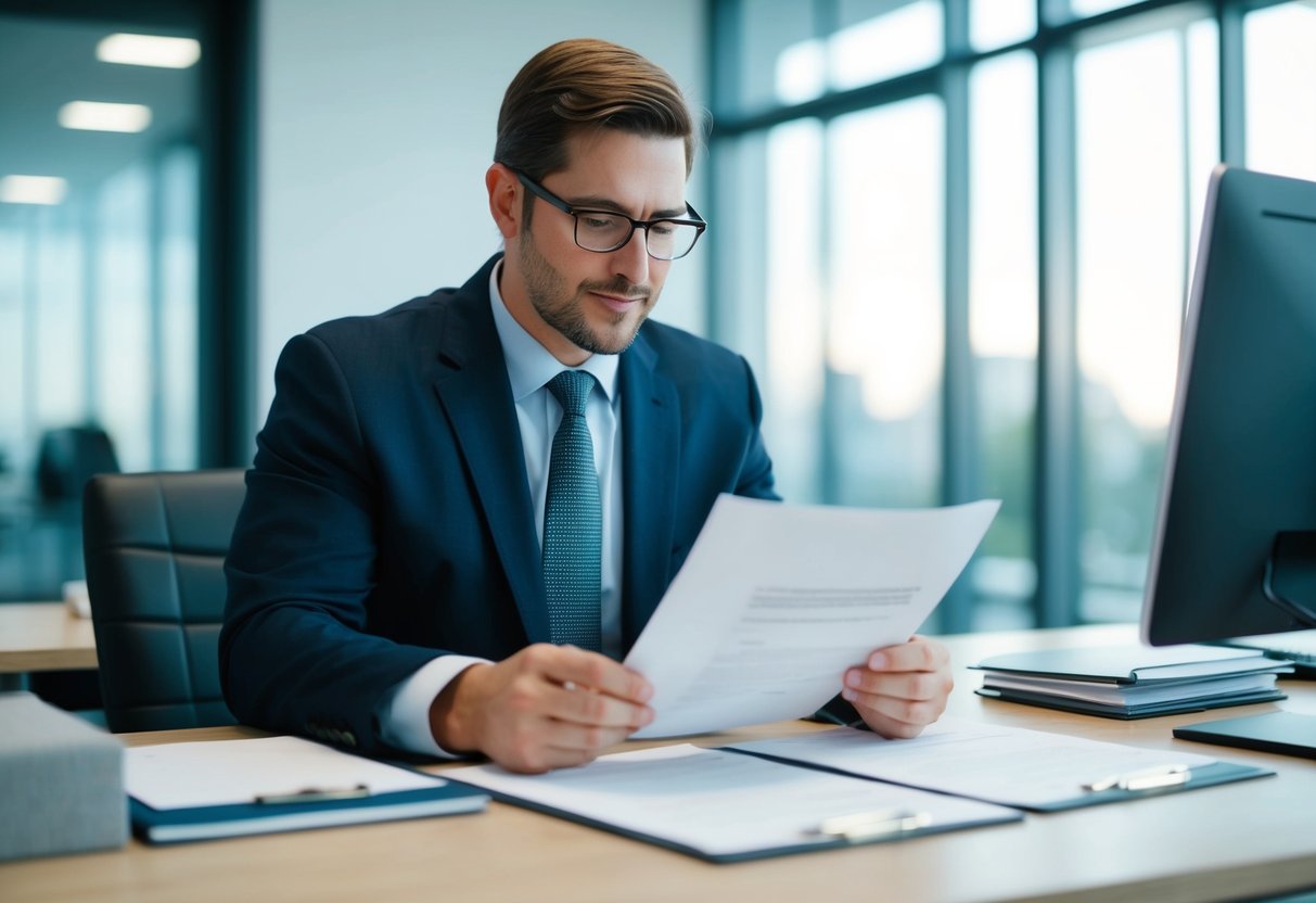 A commercial real estate appraiser reviewing confidential client documents in a secure office setting