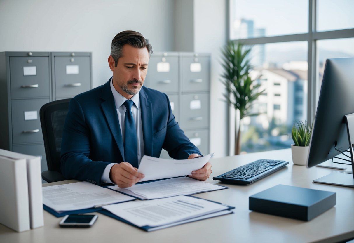 A commercial real estate appraiser in California carefully reviews confidential property documents in a secure office, surrounded by privacy measures such as locked filing cabinets and a computer with privacy screen