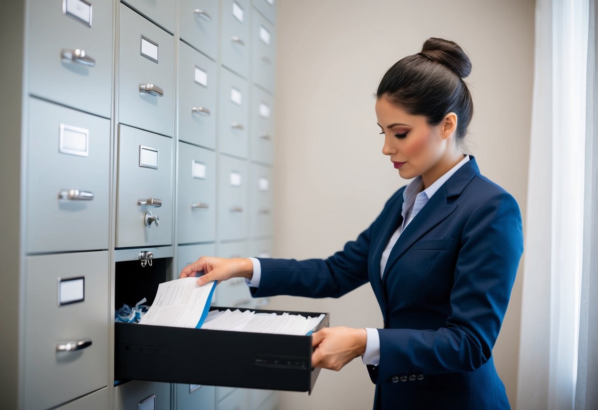 A commercial real estate appraiser in California carefully locks away sensitive documents in a secure filing cabinet, while shredding unnecessary paperwork