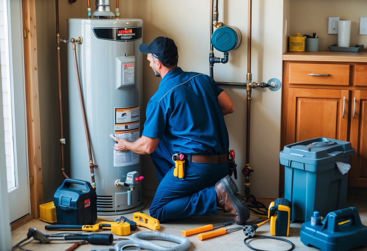Cost Factors for Emergency Water Heater Repairs in San Francisco: Key Considerations 2 A plumber repairing a water heater in a San Francisco home, surrounded by tools and equipment, with a sense of urgency