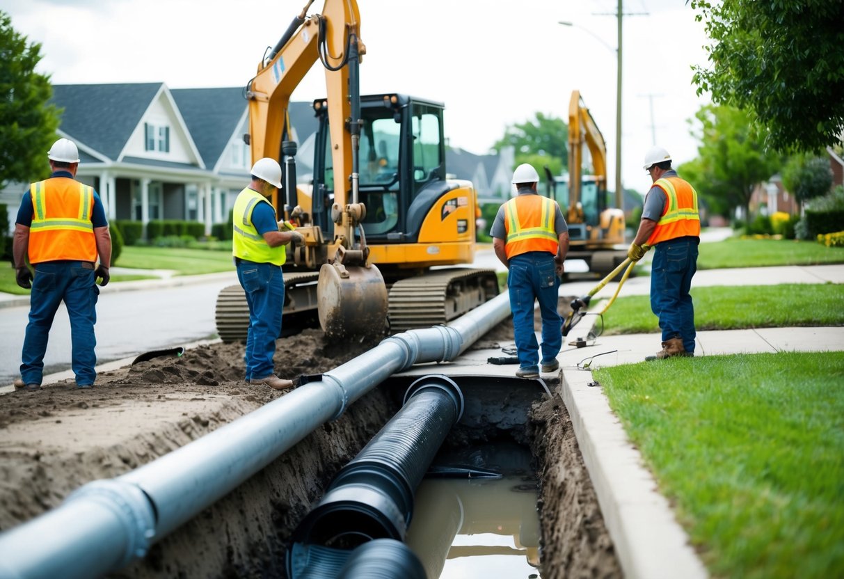 Emergency Sewer Line Repair: Quick Guide and Expectations 2 A team of workers using heavy machinery to excavate and repair a broken sewer line in a residential neighborhood