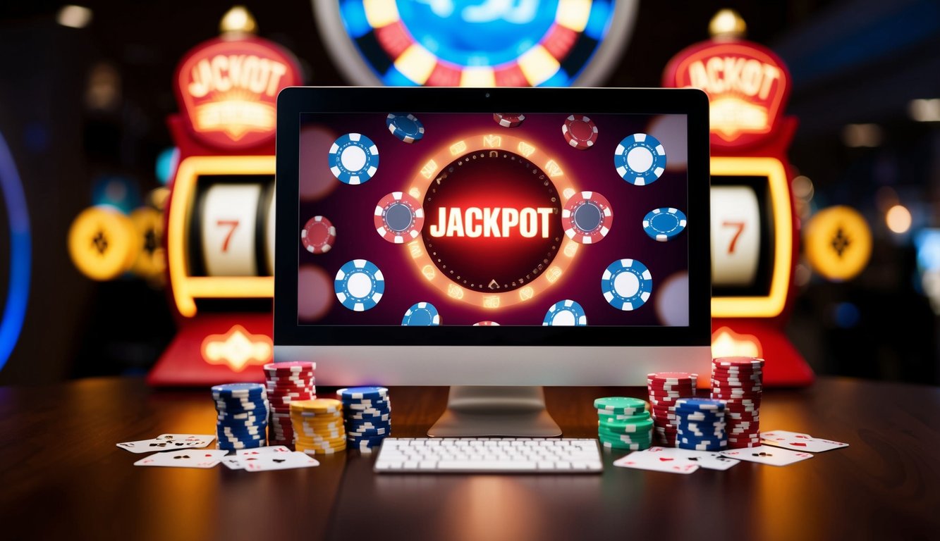 Sebuah layar komputer yang bersinar dikelilingi oleh chip poker dan kartu permainan, dengan tanda jackpot yang berkedip di latar belakang