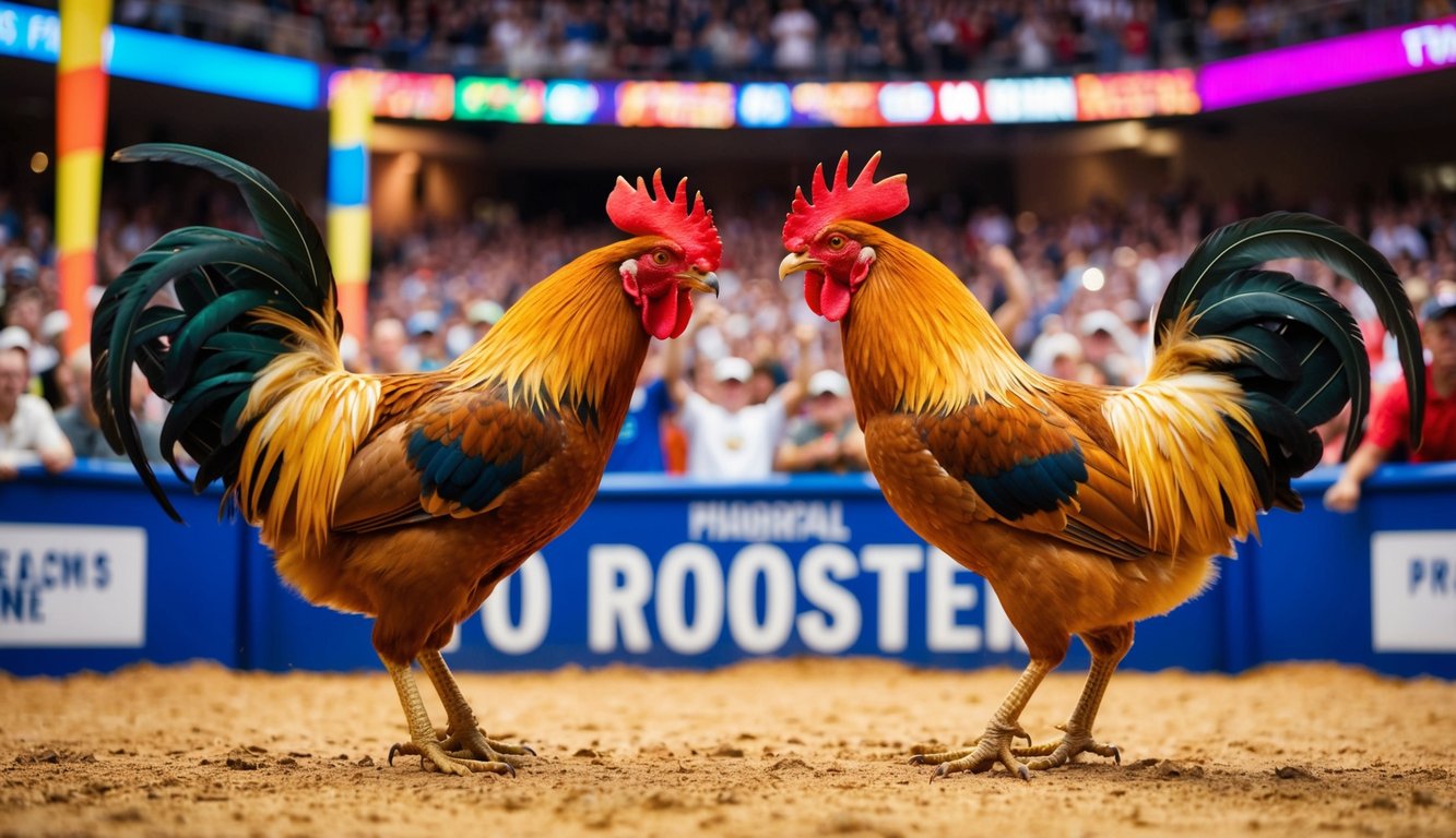 Dua ayam jantan berhadapan di arena yang ramai, dikelilingi oleh penonton yang bersorak dan spanduk berwarna-warni