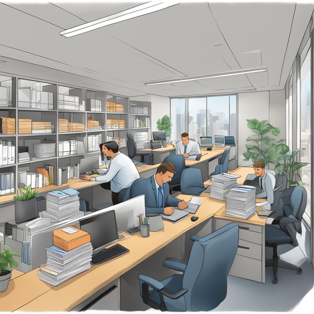 A busy office with brokers assisting clients, shelves of insurance documents, and a sign with "Health Insurance Laws and Regulations" prominently displayed