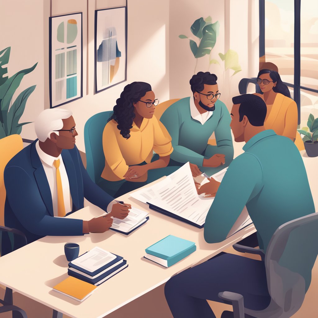 A group of people discussing health insurance options with a private broker in a cozy office setting