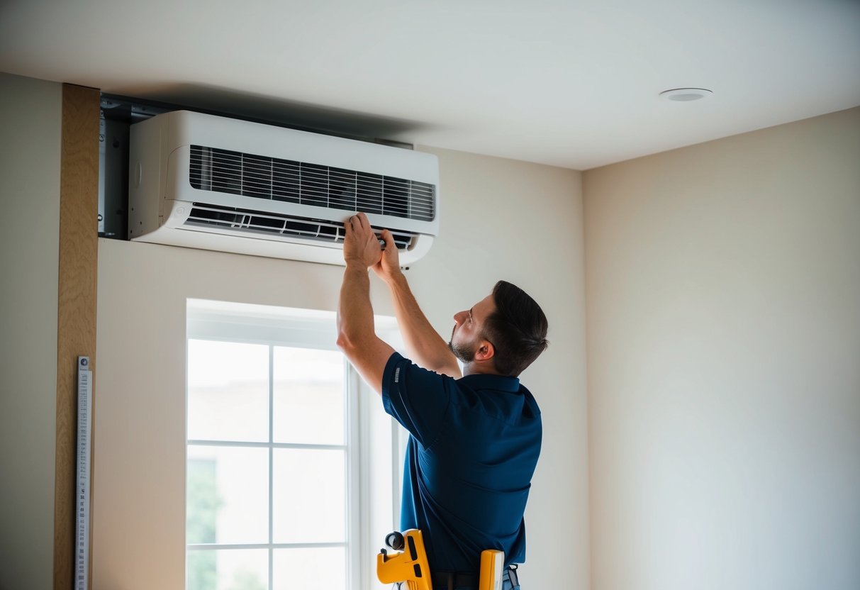 A technician carefully measures and plans the placement of a ductless mini-split system in a residential interior
